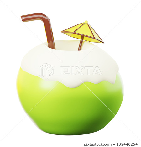 3D Icon Summer. young coconut drink. Isolated on transparent background. 3D illustration. High resolution 3D Icon Summer. young coconut drink. Isolated on transparent background. 3D illustration. High resolution 139440254
