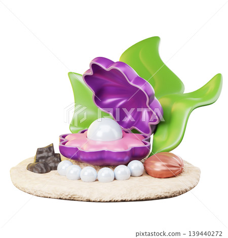 3D Icon Summer. shells and pearls. Isolated on transparent background. 3D illustration. High resolution 139440272