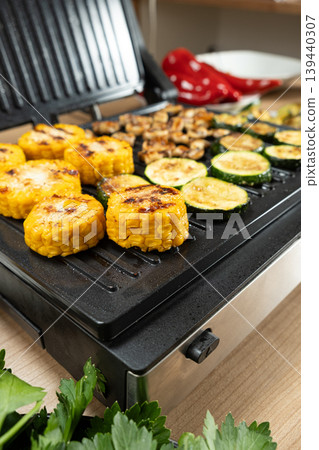 Assorted Grilled Vegetables and Mushrooms on Electric Contact Grill Assorted Grilled Vegetables and Mushrooms on Electric Contact Grill 139440307