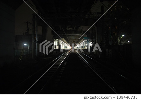The platform and elevated tracks of Nishi-Ōi Station on the JR Yokosuka Line at night. The platform and elevated tracks of Nishi-Ōi Station on the JR Yokosuka Line at night. 139440733