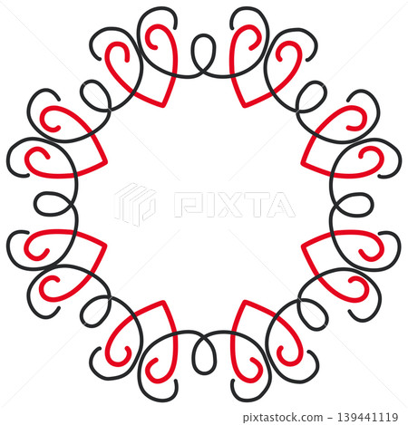 Round frame of hearts and curls. Frame for the monogram. Black and red mandala tattoo design. Place for text Round frame of hearts and curls. Frame for the monogram. Black and red mandala tattoo design. Place for text 139441119