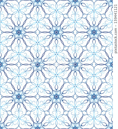 Winter blue seamless pattern. Elegant blue snowflakes on white background. Lace of swirls. Decorative lacy design element for winter mood Winter blue seamless pattern. Elegant blue snowflakes on white background. Lace of swirls. Decorative lacy design element for winter mood 139441121