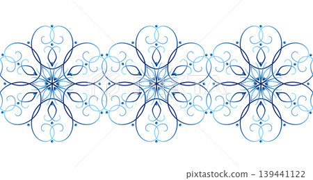 Blue seamless border. Graceful lace of swirls. Winter lacy design element. Elegant snowflake with six beams. Blue seamless border. Graceful lace of swirls. Winter lacy design element. Elegant snowflake with six beams. 139441122