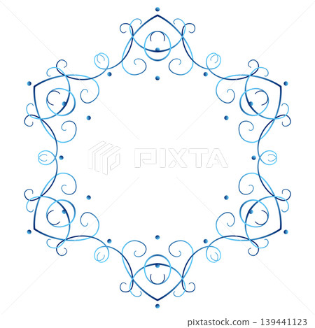 Blue gradient hexagonal frame on white background. Lace of delicate swirl. Lacy design element for winter mood. Elegant snowflake with six beams. Blue gradient hexagonal frame on white background. Lace of delicate swirl. Lacy design element for winter mood. Elegant snowflake with six beams. 139441123