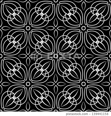 Black white symmetry ornament. Kaleidoscopic seamless pattern. Ornament of curved intertwined lines 139441158
