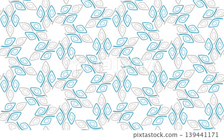 Seamless geometric pattern with rhombuses. Stars snowflakes background. Iterative teal and white spirals curl on white background Seamless geometric pattern with rhombuses. Stars snowflakes background. Iterative teal and white spirals curl on white background 139441171