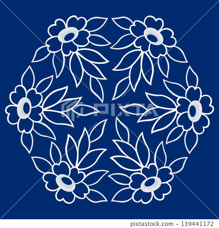 Grannys white lacy napkin with flowers and leaves. Monochrome flowers mandala. Vintage lace repeating round ornament on blue background Grannys white lacy napkin with flowers and leaves. Monochrome flowers mandala. Vintage lace repeating round ornament on blue background 139441172