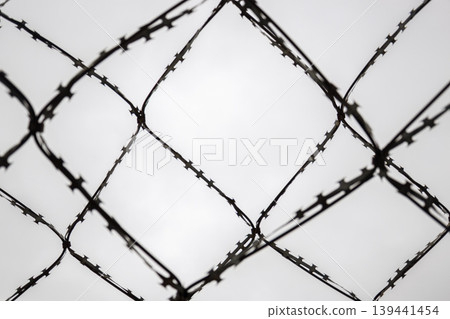 Close-up abstract view of razor wire fence against a bright, overcast sky Close-up abstract view of razor wire fence against a bright, overcast sky 139441454