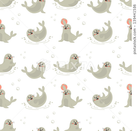 Cute baby seal seamless pattern with funny marine animals and bubbles vector illustration. 139441586