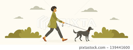 Professional dog walker walking with funny puppy in city park vector illustration. Professional dog walker walking with funny puppy in city park vector illustration. 139441600