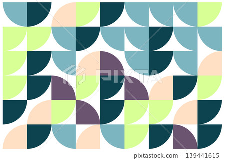 Colorful geometric pattern with semicircles and quarter circles in green, blue, purple, and beige on white seamless background 139441615