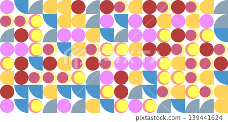 Abstract geometric pattern with red, yellow, pink, blue, and gray circles and curved shapes on a white background Abstract geometric pattern with red, yellow, pink, blue, and gray circles and curved shapes on a white background 139441624