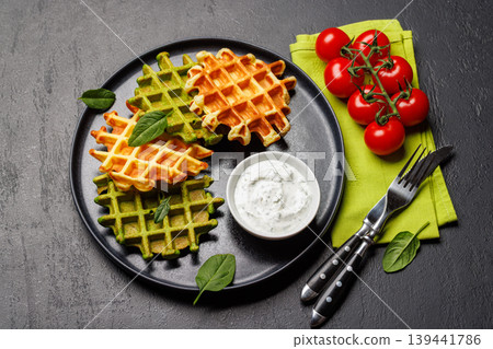 Vegan spinach waffles top view 139441786