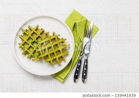 Green vegan spinach waffles top view 139441939