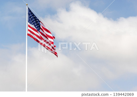 American flag against cloudy sky American flag against cloudy sky 139442069