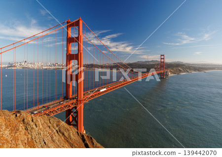 Iconic view of the Golden Gate Bridge bathed in warm sunlight Iconic view of the Golden Gate Bridge bathed in warm sunlight 139442070