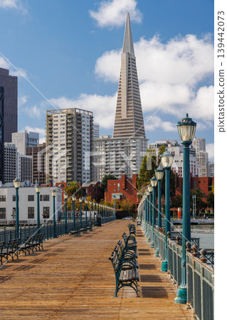 Scenic view of a classic wooden pier stretching into the San Francisco Bay Scenic view of a classic wooden pier stretching into the San Francisco Bay 139442073