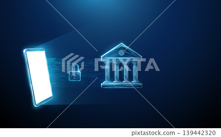 3D blue smartphone, data stream with padlock and bank icon. Cybersecurity, mobile banking, online finance, e-commerce, fintech, secure payment, transaction concept 3D blue smartphone, data stream with padlock and bank icon. Cybersecurity, mobile banking, online finance, e-commerce, fintech, secure payment, transaction concept 139442320