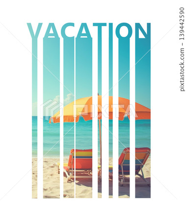 Beach chairs and umbrella on tropical shore seen through cutout vacation text, summer holiday and travel concept illustration on white or transparent background. 139442590