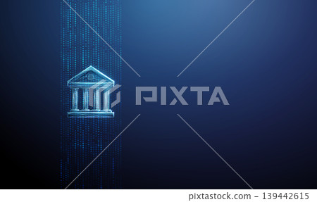 3d blue bank icon inside a data stream. Digital banking ecosystem, real-time financial data processing, fintech infrastructure, connected financial networks concept 3d blue bank icon inside a data stream. Digital banking ecosystem, real-time financial data processing, fintech infrastructure, connected financial networks concept 139442615