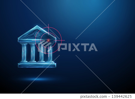 3d blue bank icon inside target crosshair. Financial targeting, precise transaction monitoring, risk detection, fraud tracking, focused financial analysis concept. 3d blue bank icon inside target crosshair. Financial targeting, precise transaction monitoring, risk detection, fraud tracking, focused financial analysis concept. 139442625