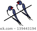 Two swallows perched on a power line. Isometric drawing. Bird illustration. 139443194