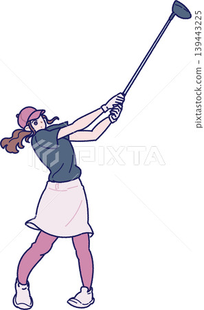 一位女子揮動高爾夫球桿的插圖。 一位女子揮動高爾夫球桿的插圖。 139443225