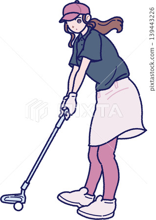 Illustration of a woman playing golf with a putter. 139443226