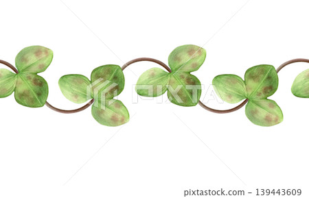 Watercolor botanical border of green hepatica leaves on curved stems. Spring leaves. Ideal for stationery, wedding invites, packaging, branding and seamless designs Watercolor botanical border of green hepatica leaves on curved stems. Spring leaves. Ideal for stationery, wedding invites, packaging, branding and seamless designs 139443609