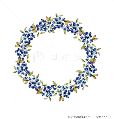 Watercolor frame, template, wreath with branch of juicy blueberries with green leaves. Botanical hand drawn isolated illustration ideal for seasonal, forest, or nature-themed designs. Rustic foliage 139443698