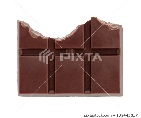 Bitten chocolate bar with visible bite mark and segmented pieces. Concept of temptation, taste, and sweet indulgence. Isolated on transparent background Bitten chocolate bar with visible bite mark and segmented pieces. Concept of temptation, taste, and sweet indulgence. Isolated on transparent background 139443817