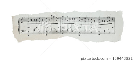 Torn fragment of musical sheet with notes isolated on transparent background. Vintage music paper detail suitable for design, collage, education, and creative layouts Torn fragment of musical sheet with notes isolated on transparent background. Vintage music paper detail suitable for design, collage, education, and creative layouts 139443821