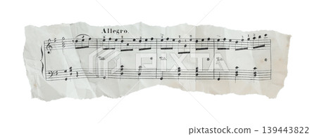 Torn and crumpled fragment of musical sheet with notes, wide horizontal composition isolated on transparent background. Vintage music paper banner with copy space for design Torn and crumpled fragment of musical sheet with notes, wide horizontal composition isolated on transparent background. Vintage music paper banner with copy space for design 139443822