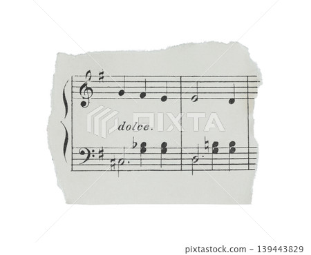 Torn fragment of musical sheet with notes isolated on transparent background. Vintage music paper detail suitable for design, collage, education, and creative layouts Torn fragment of musical sheet with notes isolated on transparent background. Vintage music paper detail suitable for design, collage, education, and creative layouts 139443829