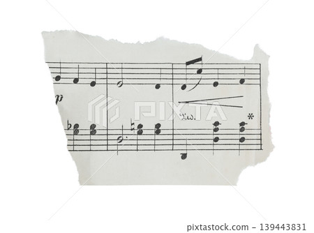 Torn fragment of musical sheet with notes isolated on transparent background. Vintage music paper detail suitable for design, collage, education, and creative layouts 139443831