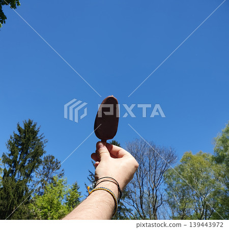 Hand holding chocolate ice cream bar on a stick against clear blue sky and green trees 139443972