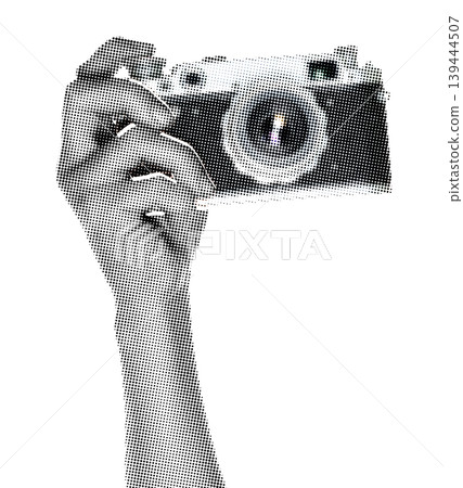Hand holding a vintage retro camera isolated on transparent background with newspaper print texture. Concept of analog photography, classic technology and nostalgic media style Hand holding a vintage retro camera isolated on transparent background with newspaper print texture. Concept of analog photography, classic technology and nostalgic media style 139444507