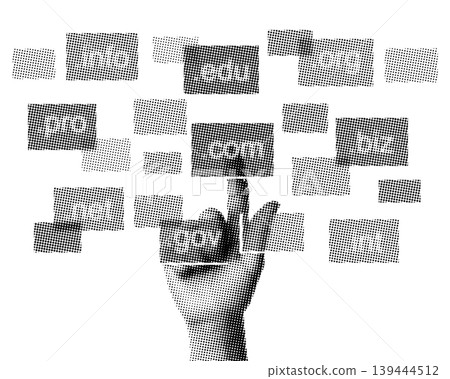 Hand pressing a virtual block with internet domain name, isolated on transparent background with vintage newspaper print texture. Concept of domain and website registration, network technology Hand pressing a virtual block with internet domain name, isolated on transparent background with vintage newspaper print texture. Concept of domain and website registration, network technology 139444512