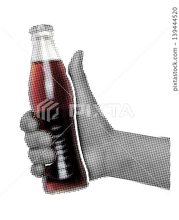 Hand holding a cola bottle isolated on transparent background with vintage newspaper print texture. Concept of beverage, refreshment and consumer product in retro print style Hand holding a cola bottle isolated on transparent background with vintage newspaper print texture. Concept of beverage, refreshment and consumer product in retro print style 139444520