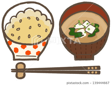 A simple and cute hand-drawn illustration of miso soup with brown rice, tofu, and wakame seaweed (Lifestyle Series) A simple and cute hand-drawn illustration of miso soup with brown rice, tofu, and wakame seaweed (Lifestyle Series) 139444667