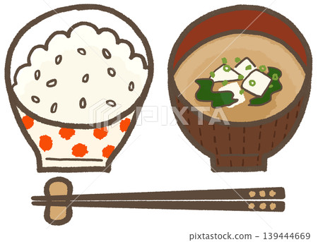 米飯和味噌湯（含豆腐和海帶），以及一幅簡單、可愛、風格化的手繪插圖（生活方式系列） 139444669