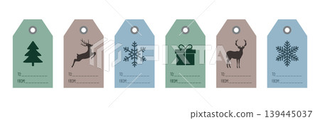 christmas gift paper tag set label with tree deer and snowflake motifs vector illustration 139445037
