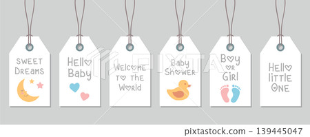 cute newborn baby paper tag set minimalistic design vector illustration 139445047