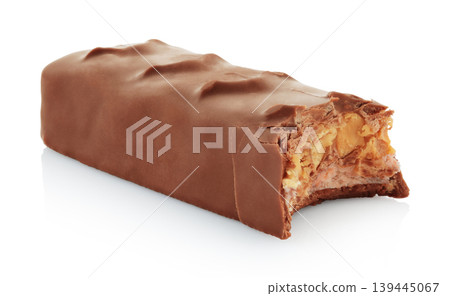 Bitten chocolate bar isolated on transparent background with full focus. Sweet dessert snack concept showing bite mark, ideal for food advertising, packaging, and commercial design 139445067