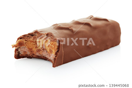 Bitten chocolate bar isolated on transparent background with full focus. Sweet dessert snack concept showing bite mark, ideal for food advertising, packaging, and commercial design Bitten chocolate bar isolated on transparent background with full focus. Sweet dessert snack concept showing bite mark, ideal for food advertising, packaging, and commercial design 139445068