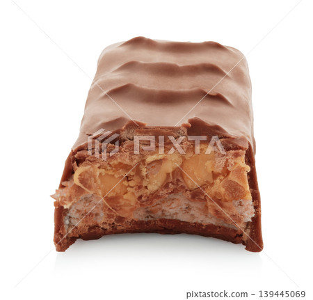 Bitten chocolate bar isolated on transparent background with full focus. Sweet dessert snack concept showing bite mark, ideal for food advertising, packaging, and commercial design Bitten chocolate bar isolated on transparent background with full focus. Sweet dessert snack concept showing bite mark, ideal for food advertising, packaging, and commercial design 139445069