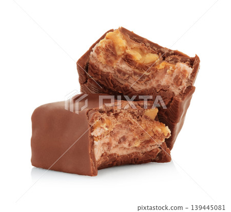 Bitten chocolate bar isolated on transparent background with full focus. Sweet dessert snack concept showing bite mark, ideal for food advertising, packaging, and commercial design Bitten chocolate bar isolated on transparent background with full focus. Sweet dessert snack concept showing bite mark, ideal for food advertising, packaging, and commercial design 139445081