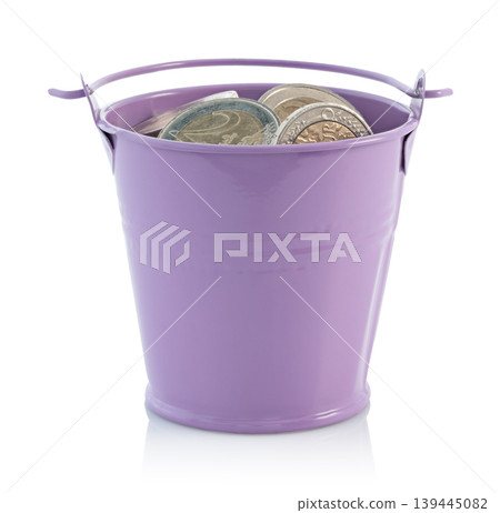Decorative bucket filled with coins isolated on transparent background with full focus. Financial savings concept for banking, investment, wealth, and money management themes Decorative bucket filled with coins isolated on transparent background with full focus. Financial savings concept for banking, investment, wealth, and money management themes 139445082