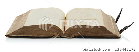 Open antique book showing blank aged pages, isolated on transparent background. Ideal for historical, educational, or design projects 139445172