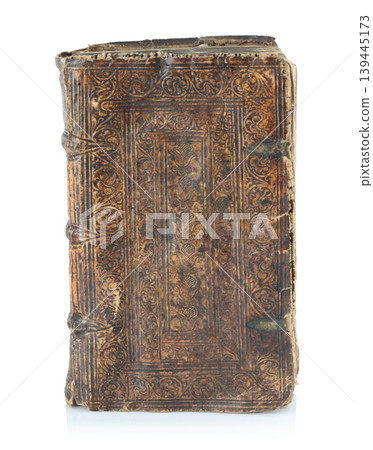 Old antique closed book with textured leather cover, isolated on transparent background. Vintage historical object perfect for education, religion, or literature concepts Old antique closed book with textured leather cover, isolated on transparent background. Vintage historical object perfect for education, religion, or literature concepts 139445173
